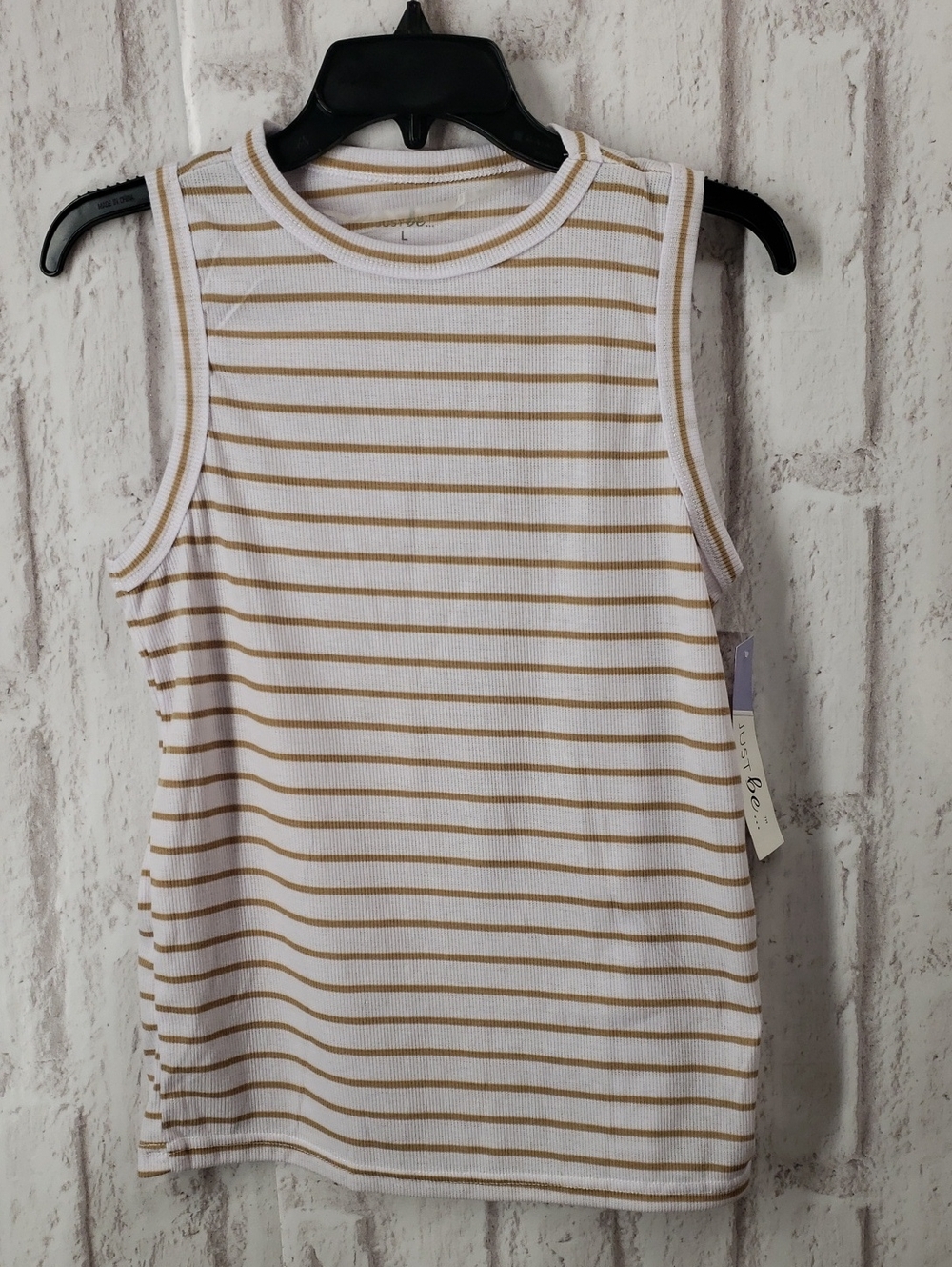 Just Be. Striped Ribbed SleevelessTop in White and Tan. Large. NWT